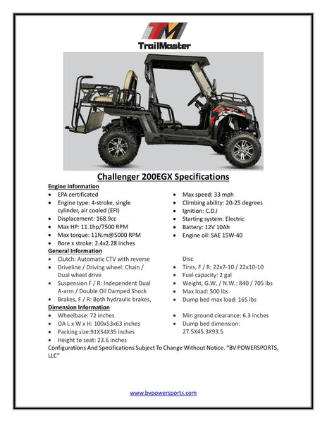 TrailMaster Challenger 200EX EFI 168.9cc UTV | MotoBuys