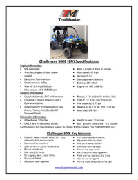 Trailmaster Challenger 300E EFI UTV / side-by-side, 52 Inch Wide, High Back Seats, CVT trans, Intergrated Hitch, Cargo Area, Bimini Top