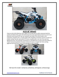 Trailmaster K125, 8" Wheel ,Youth Sports style ATV, Automatic Trans, Reverse,  Color Matched suspension, Front and Rear Brakes, Throttle Control