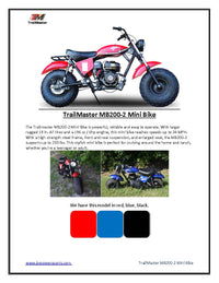 Trailmaster MINI Bike MB200 Front and  Rear Shocks, Torque Converter, Head Light.  OFF ROAD ONLY, NOT STREET LEGAL