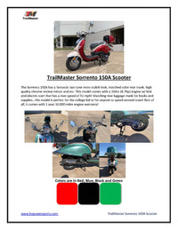 Trailmaster Sorrento 150cc Great Euro Style scooter, Free Removeable Storage Trunk, Chrome Accents, Two Tone dual stage paint