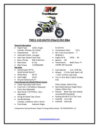 Trailmaster TM11 Dirt Bike 110cc Automatic Great Kids Bike, Electric Start, More power 25" inch seat 10 inch rims.