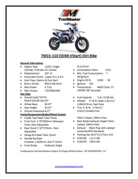 Trailmaster TM15 Dirt Bike 110cc Semi-Automatic 4 speed, Electric Start, 24.21 inches seat height, Disk Brakes, Twin Spar Frame