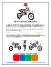 Trailmaster TM29 Dirt Bike, Electric Start, Inverted Front Forks, 17 inch front tire, 33.5 seat height manual transmission
