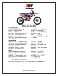 Trailmaster TM33-250 (Displacement 223cc) Dirt Bike. LED Head Light, Manual 5 speed, 21 inch front tire, 37 inch seat height