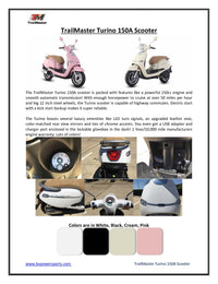 Trailmaster Turino150 Scooter LED head Lights, Comfortable Seat, Under Seat Locking Storage, Alloy Rims, Electric Start, Disk Brakes