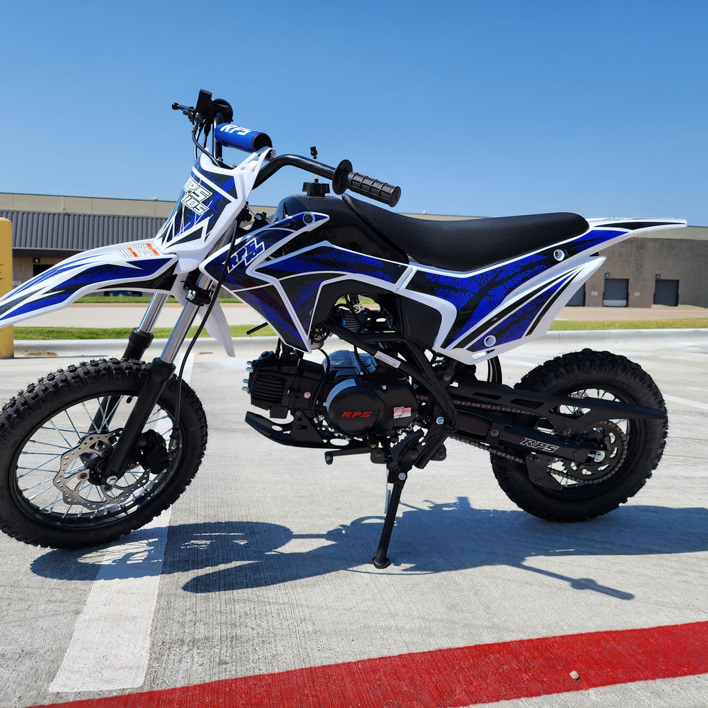 RPS 110CC Dirt Bike Off Road, dual disc brakes, 30-inch seat height, 14-inch front tire