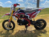 RPS 110DLX 107cc Youth Dirt Bike, Semi-Automatic 4-Speed, Kick Start, Front and Rear Hydraulic Disc Brakes, 14 Inch Front Tire, Inverted Front Forks, 30.5 Inch Seat Height