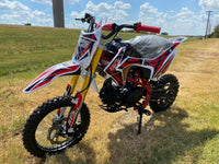 RPS 110DLX 107cc Youth Dirt Bike, Semi-Automatic 4-Speed, Kick Start, Front and Rear Hydraulic Disc Brakes, 14 Inch Front Tire, Inverted Front Forks, 30.5 Inch Seat Height