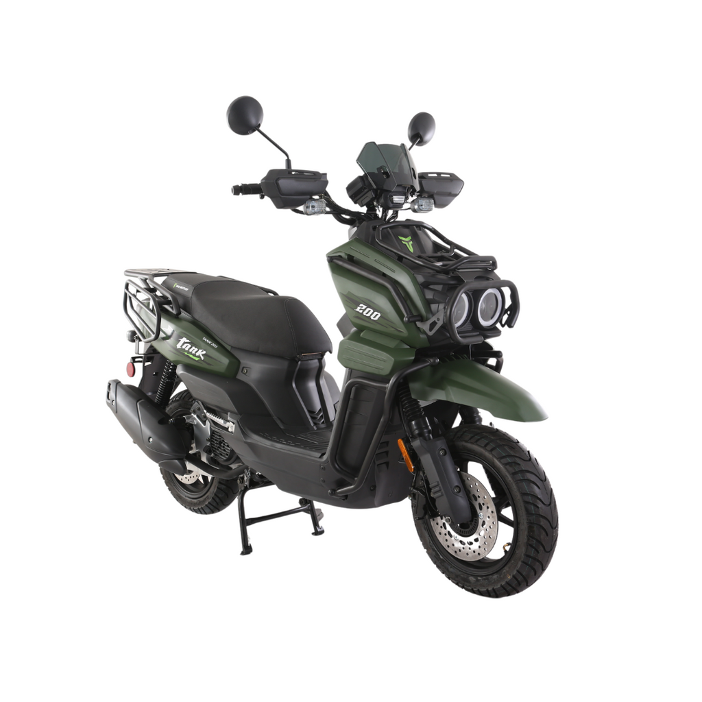Tao Tank 200 175cc Adult Scooter, EFI Fuel Injected, Automatic Transmission, Electric Start, Front & Rear Disc Brakes, 12 Inch Spoked Rims, Dual Sport Tires