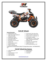TrailMaster F125 Youth ATV, 8" wheel, 125cc 4-stroke, air-cooled, Automatic with Reverse. electric start, Throttle Limiter,