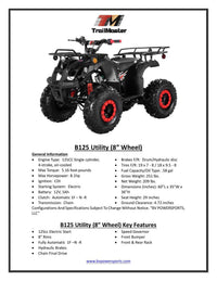 TrailMaster B125 Youth ATV - 125cc,  29 inch Seat Height, Automatic Transmission with Reverse, Electric Start, Bead Lock Style Rims