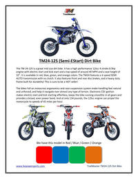 Trailmaster TM24 Dirt Bike 124cc, New for 2024, 17 Inch Front Tire, Electric Start, 32.7 Inch seat height  Semi Automatic, 4 speed