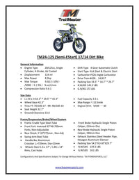 Trailmaster TM24 Dirt Bike 124cc, New for 2024, 17 Inch Front Tire, Electric Start, 32.7 Inch seat height  Semi Automatic, 4 speed