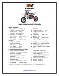 Trailmaster TM10 Dirt Bike,Kick start, Semi Automatic 4 speed , 24.41 inch seat height , 10 inch rims