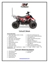 Trailmaster T110 Youth Sports ATV - 6" Wheels, Automatic Transmission, Electric Start, Throttle Limiter, LED Headlight