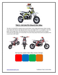 Trailmaster TM11 Dirt Bike 110cc Automatic Great Kids Bike, Electric Start, More power 25" inch seat 10 inch rims.