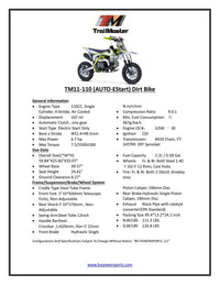 Trailmaster TM11 Dirt Bike 110cc Automatic Great Kids Bike, Electric Start, More power 25" inch seat 10 inch rims.