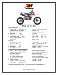 Trailmaster TM29 Dirt Bike, Electric Start, Inverted Front Forks, 17 inch front tire, 33.5 seat height manual transmission