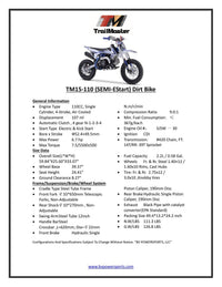 Trailmaster TM15 Dirt Bike 107cc Semi-Automatic 4 speed, 12 inch front tire, Electric Start, 24.21 inches seat height, Disk Brakes, Twin Spar Frame