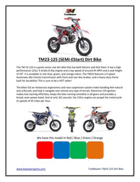 TrailMaster TM23 Dirt Bike  125cc Semi Automatic, Electric Start Seat Height 29.3 Inches 14" Front Tire