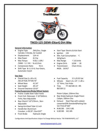 TrailMaster TM23 Dirt Bike  125cc Semi Automatic, Electric Start Seat Height 29.3 Inches 14" Front Tire