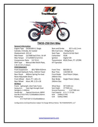 Trailmaster TM33-250 (Displacement 223cc) Dirt Bike. LED Head Light, Manual 5 speed, 21 inch front tire, 37 inch seat height