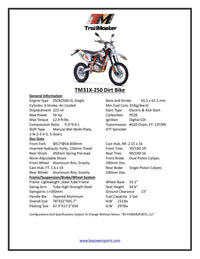 Trailmaster TM31X PRO 250 Dirt Bike, 223cc Engine, 34.6"  Seat Height LED Headlight, Tail Lights, Turn Signals, Side View Mirrors,  5 Speed Manual Trans, Digital Dashboard