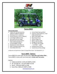 Taurus 80ED GV 6 seat, 72 volt, Rear seat flips over for storage, extended roof, McPherson Strut suspension