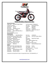 Trailmaster TM35 250cc, 5 Speed Manual, LED Head Light, 21" front tire, 36 inch seat height, electric start
