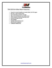 Trailmaster C60 160cc, 19 inch front tire, 34' inch seat height, 4 speed manual, LED head light