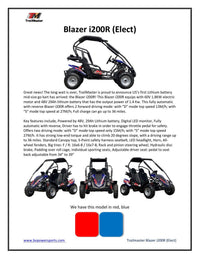 Trailmaster Blazer i200R, All Electric, 48 Volt max, Lithium Battery Pack , Up to 36 Mile range, 3 forward speeds