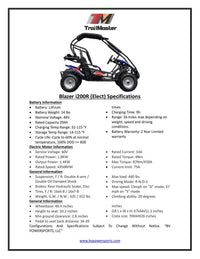 Trailmaster Blazer i200R, All Electric, 48 Volt max, Lithium Battery Pack , Up to 36 Mile range, 3 forward speeds
