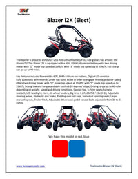 Trailmaster Blazer i2k, Electric off road go kart for teens and adults, 60 volt 30ah Lithium batteries , Dual A arm suspension,