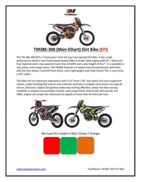 TrailMaster TM38E  300cc (298cc) Dirt Bike - 31HP Engine, Electronic Fuel Injection, 6-Speed Manual, LED Headlights, Dual Adjustable Suspension, Suitable for Adult Riders