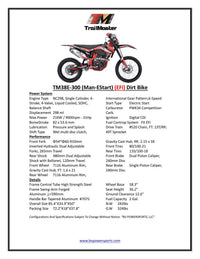 TrailMaster TM38E  300cc (298cc) Dirt Bike - 31HP Engine, Electronic Fuel Injection, 6-Speed Manual, LED Headlights, Dual Adjustable Suspension, Suitable for Adult Riders