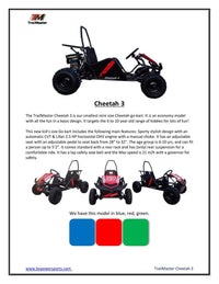 Trailmaster Cheetah 3, 80cc, Youth Single Seat Go Kart,  Pull Start , Automatic, Roll bar, Seat Belt.