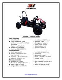 Trailmaster Cheetah 3, 80cc, Youth Single Seat Go Kart,  Pull Start , Automatic, Roll bar, Seat Belt.