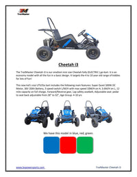 Trailmaster i3 Electric Kids Mini go kart, single seat, 500W DC, 3 speed setting,  max 10 MPH, Reverse, Adjustable Seat