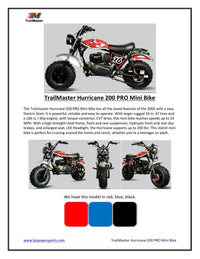 Trailmaster Mini Bike Hurricane 200 Pro, Electric start, front and rear brakes, 196cc, Head Light, 28.4 inch seat  height