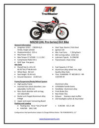 Trailmaster JHL MX250  Dirt Bike - 223cc Engine, 35.5 inch seat height, Over Head cam, Balanced Shaft,  Electric Start, Air Cooled, 4 stroke, 5 speed manual trans, 21 inch front tire & LED Headlight