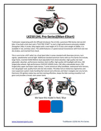 Trailmaster JHL Pro Series LX250 Dirt Bike, 5 Speed Trans,249.9cc 4 stroke, 21" front tire, 37 inch non slip seat, Inverted 54/60-950mm Adjustable Front Forks, Adjustable Rear Shock, Alloy Hubs