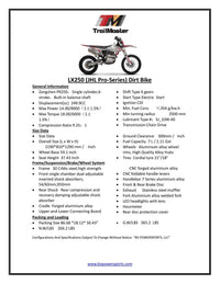 Trailmaster JHL Pro Series LX250 Dirt Bike, 5 Speed Trans,249.9cc 4 stroke, 21" front tire, 37 inch non slip seat, Inverted 54/60-950mm Adjustable Front Forks, Adjustable Rear Shock, Alloy Hubs