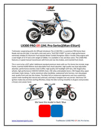 Trailmaster JHL LX300 Pro Dirt Bike, 98% Assembled ,283cc, 6 Speed,  Fuel Injected, Water Cooled, Dual Over head Cams, 37.43 inch Seat height, adjustable shocks, 21 inch front tire