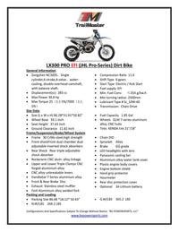 Trailmaster JHL LX300 Pro Dirt Bike, 98% Assembled ,283cc, 6 Speed,  Fuel Injected, Water Cooled, Dual Over head Cams, 37.43 inch Seat height, adjustable shocks, 21 inch front tire