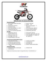 Trailmaster JHL MK125S PRO Dirt Bike, Dirt Bike, 4 speed semi automatic  trans,  Air Cooled, Electric Start, Dual Disk Brakes,29.5 inch seat, 14 inch front tire, Inverted Front Forks, Rear Nitrogen Mono Shock