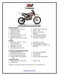 Trailmaster JHL SX150, Dirt Bike, 140cc, Electric Start,  Manual Trans, 32.70 inch seat height, Electric Start, 140cc, Air Cooled, Inverted Forks, Dual Vented disc Brakes, 19 inch Front Tire