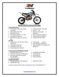 Trailmaster SX125 Dirt Bike, 4 speed manual trans, Air Cooled, Stainless Exhaust, Electric Start, 19 inch front tire, 32.70 inch seat height, Water Proof Wiring Harness