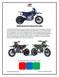 Trailmaster TM06, Kids Dirt Bike,  60cc,  4 Stroke, Removeable Training Wheels, Chain Guard , Automatic, Electric Start, 22.05" seat height,