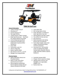 Trailmaster TBM X4, 48V Electric Golf Cart, Four Passenger, Electromagnetic Braking, Custom Rims, Lifted, Ground Effects LED lights, 10.5 LED Display, 48 Mile range, High/Low Trans